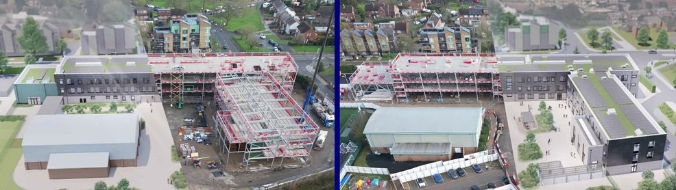 School construction: Render merged with real-world image