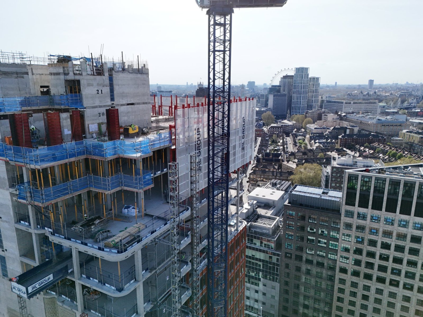Close aerial view of the upper structure and crane at 220 Blackfriars