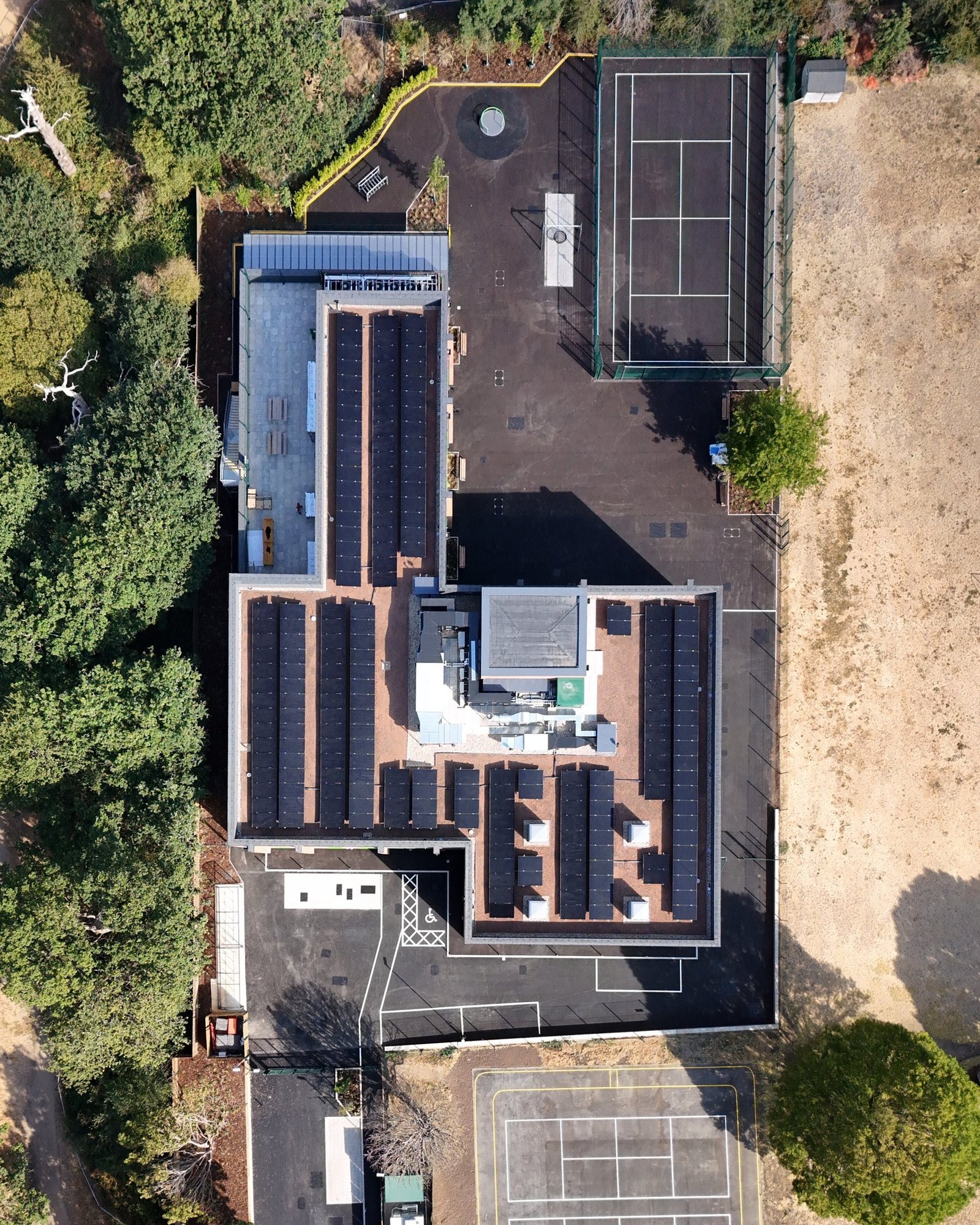 Top-down aerial view of the completed Clarendon SEND School and its grounds