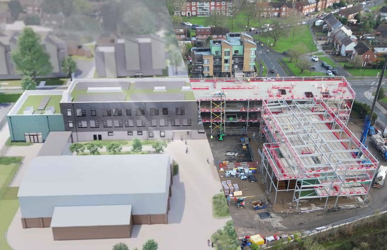 Architectural render compared with the completed construction project