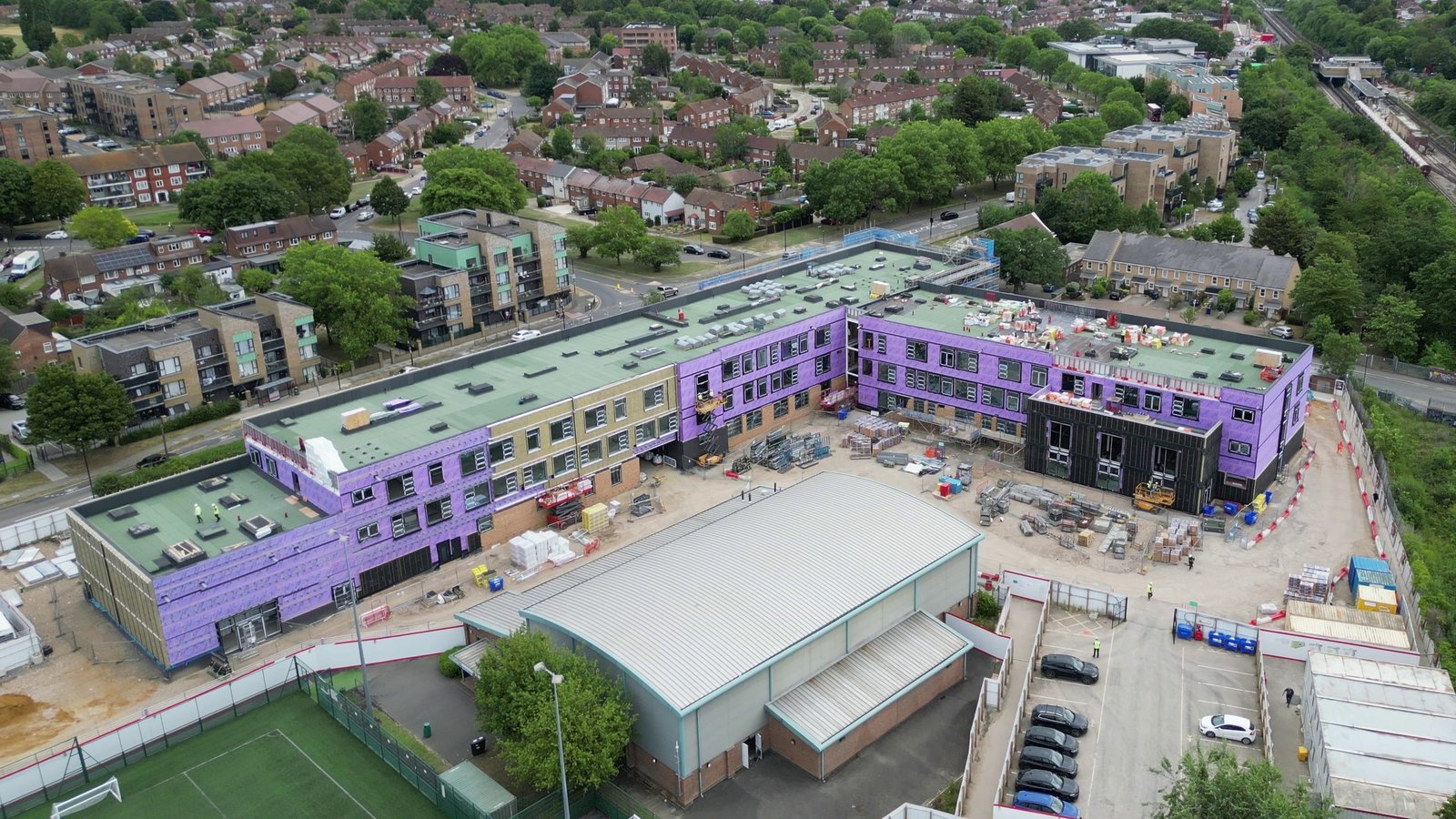 Aerial view of Islip Manor High School during construction