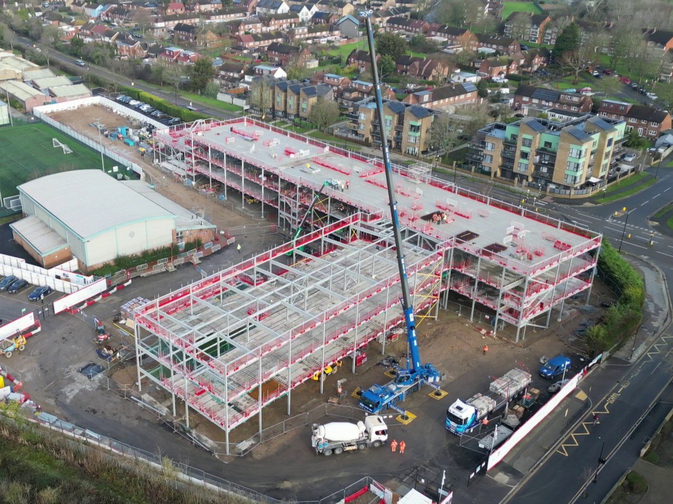 Crane and structural frame at Islip Manor High School