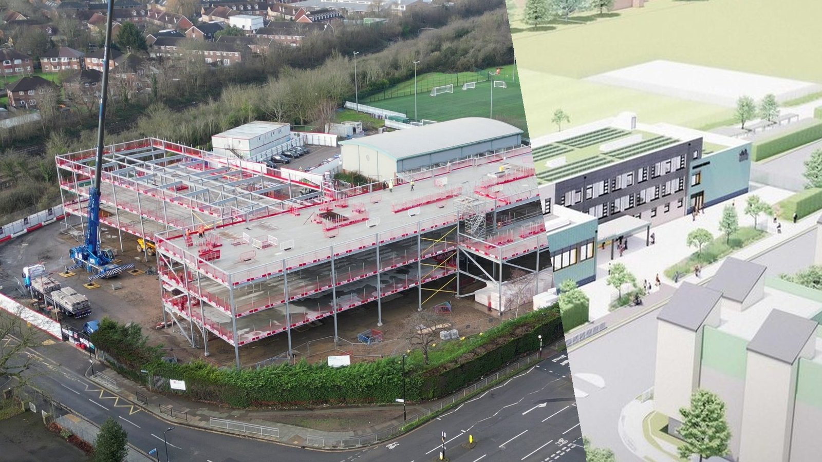 Islip Manor structural frame compared with the finished school render
