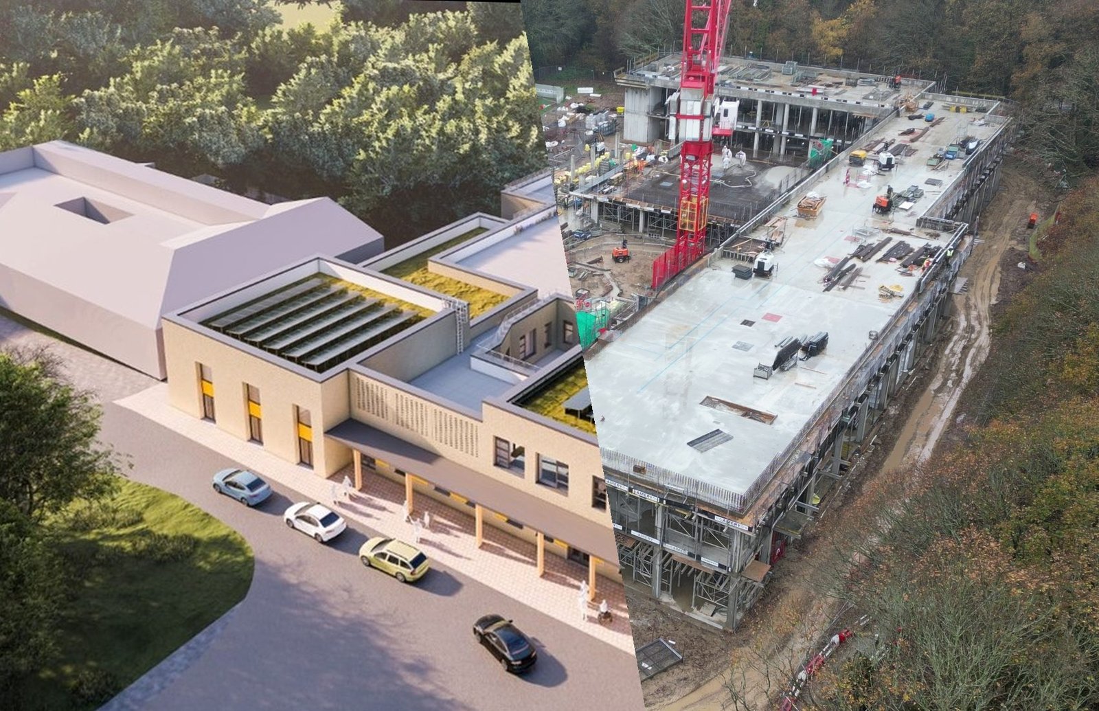 Pinn River SEND School design render alongside the construction site