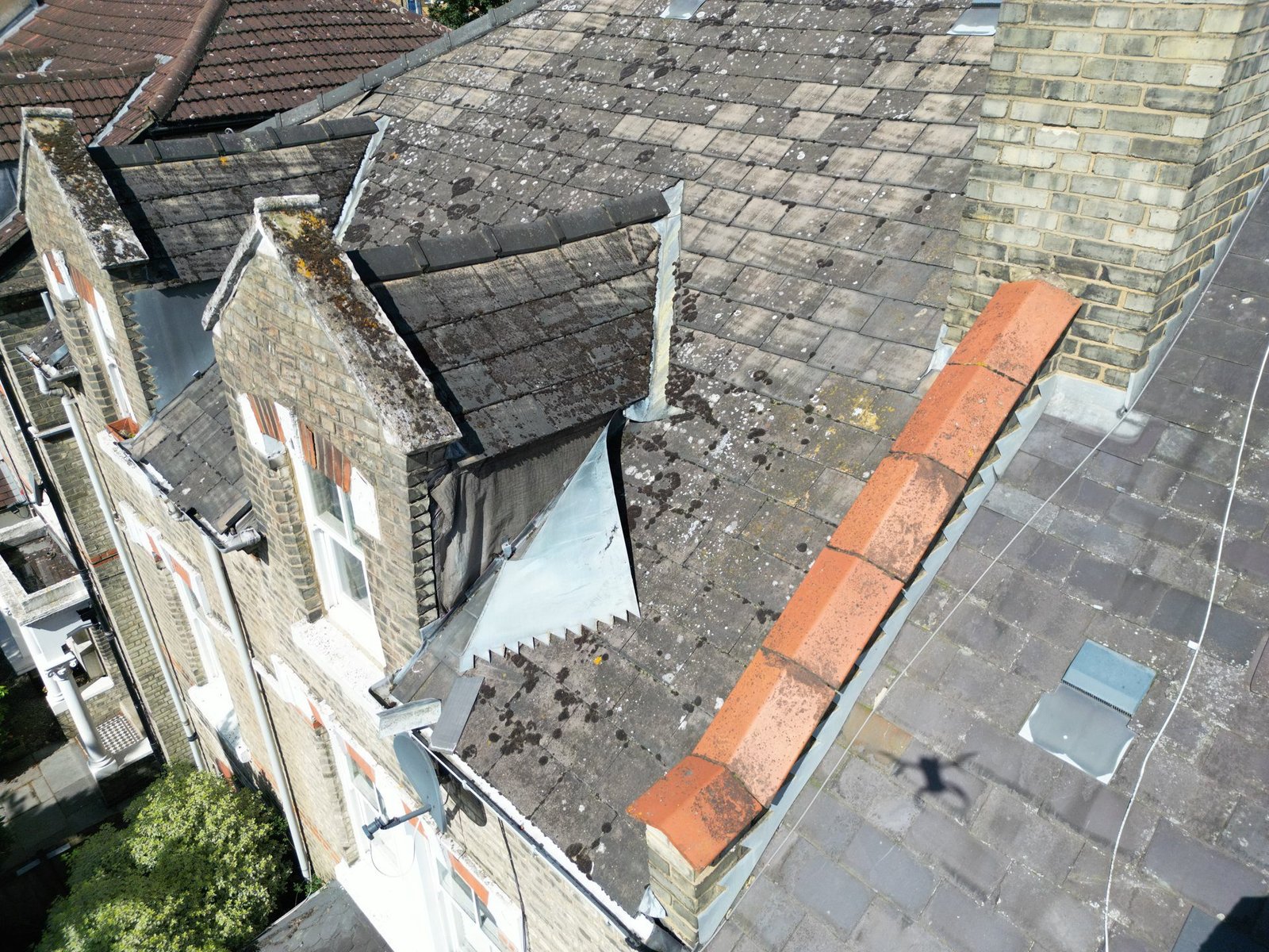 Drone view investigating details on a residential roof