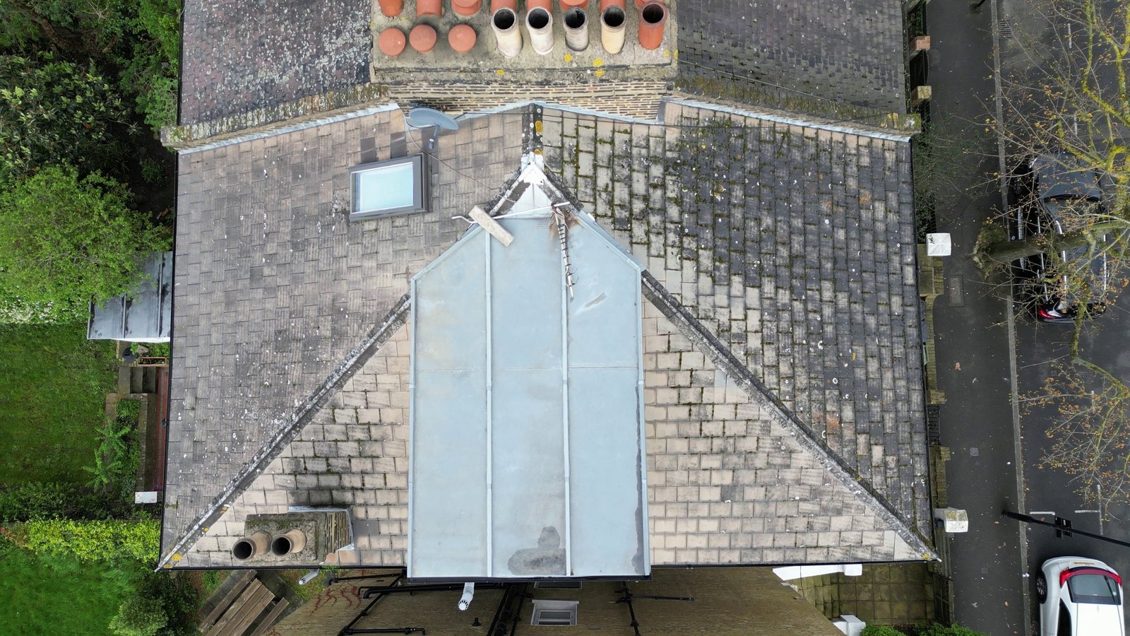 Top-down aerial roof inspection for a property purchase