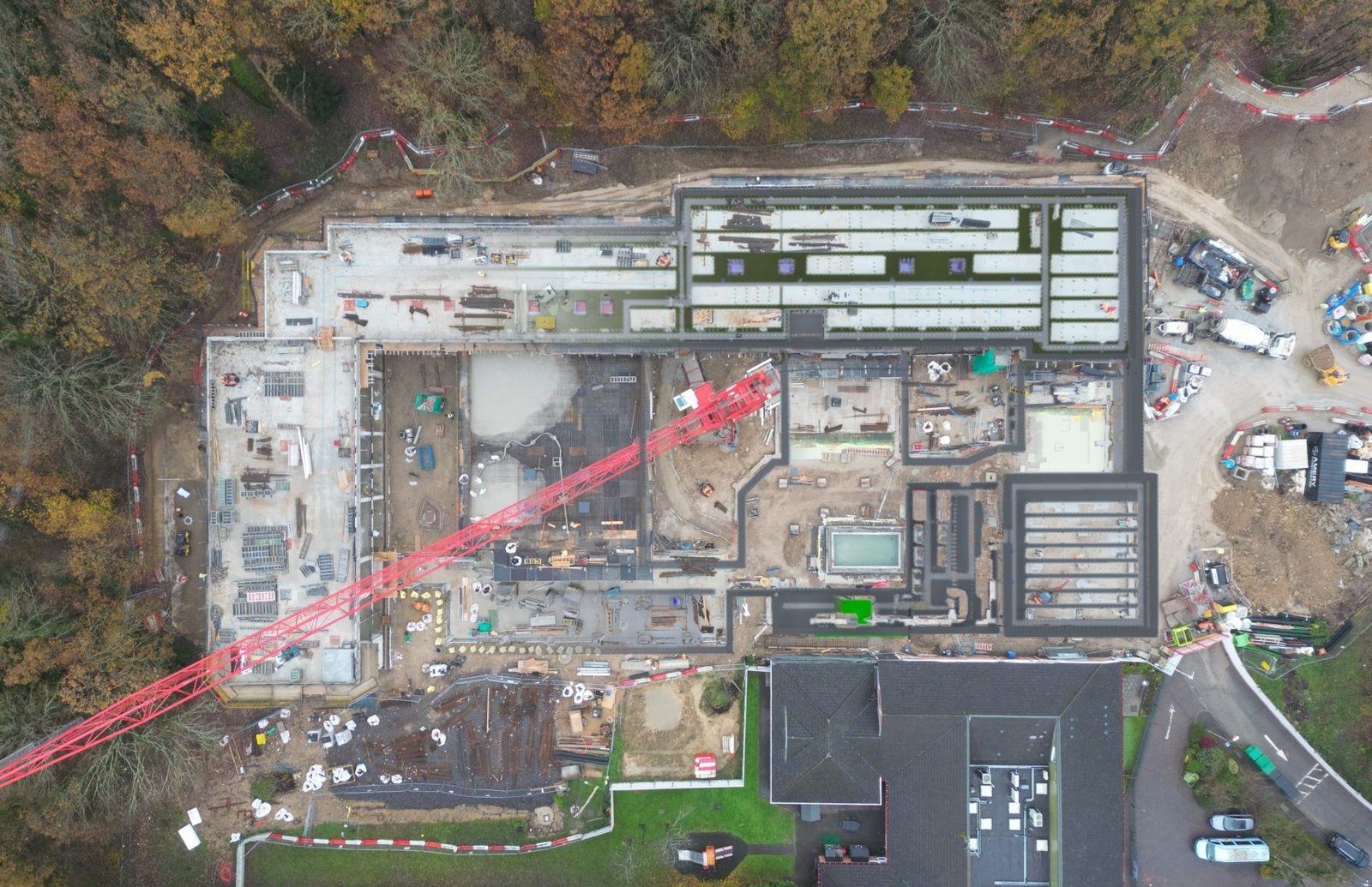 Top-down aerial view of a school construction project