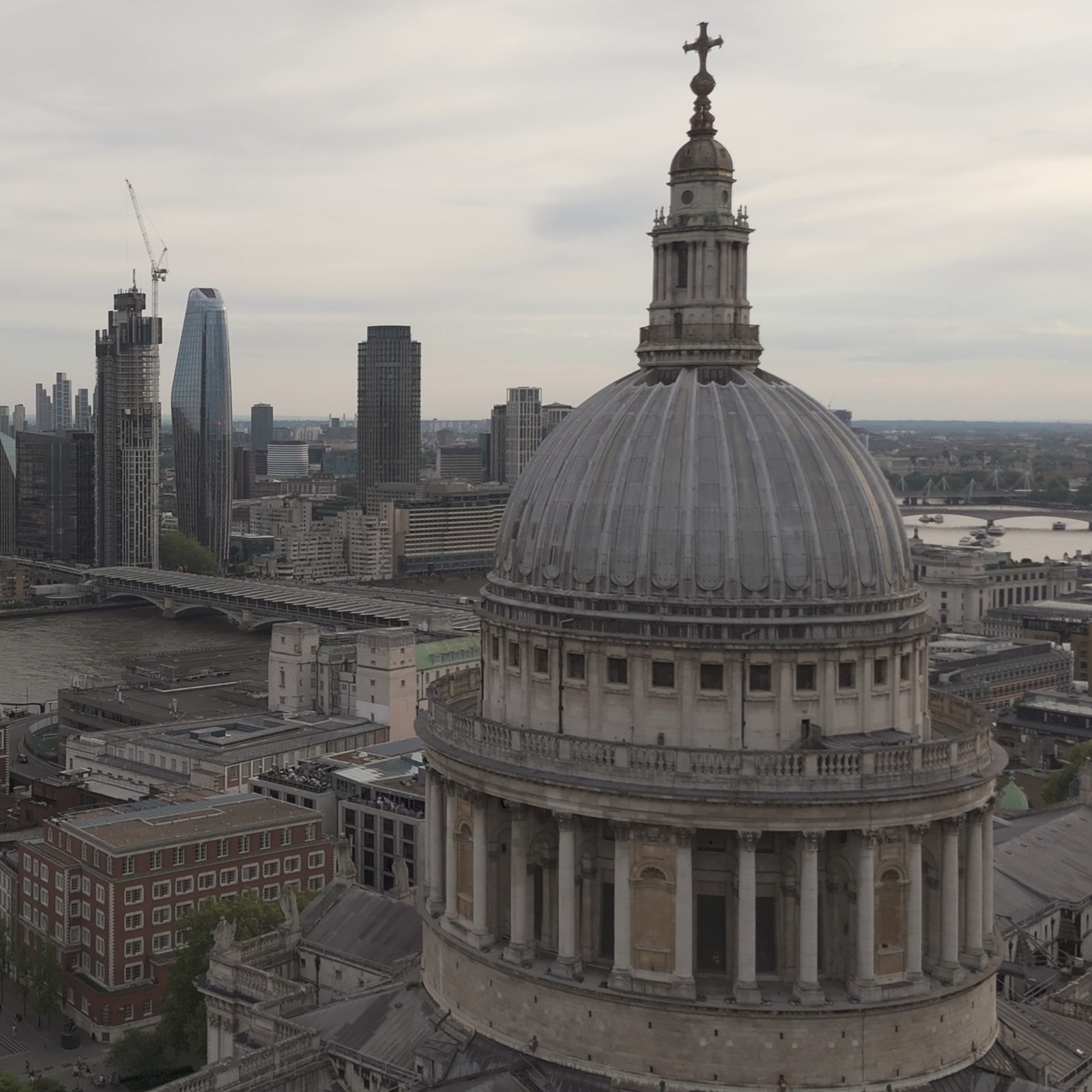 Closer aerial view of the cross above St Paul’s Cathedral dome