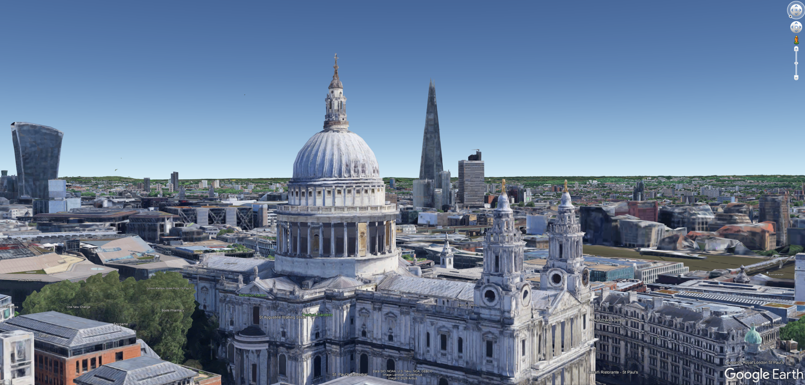 Google Earth 3D view of St Paul’s Cathedral and the London skyline