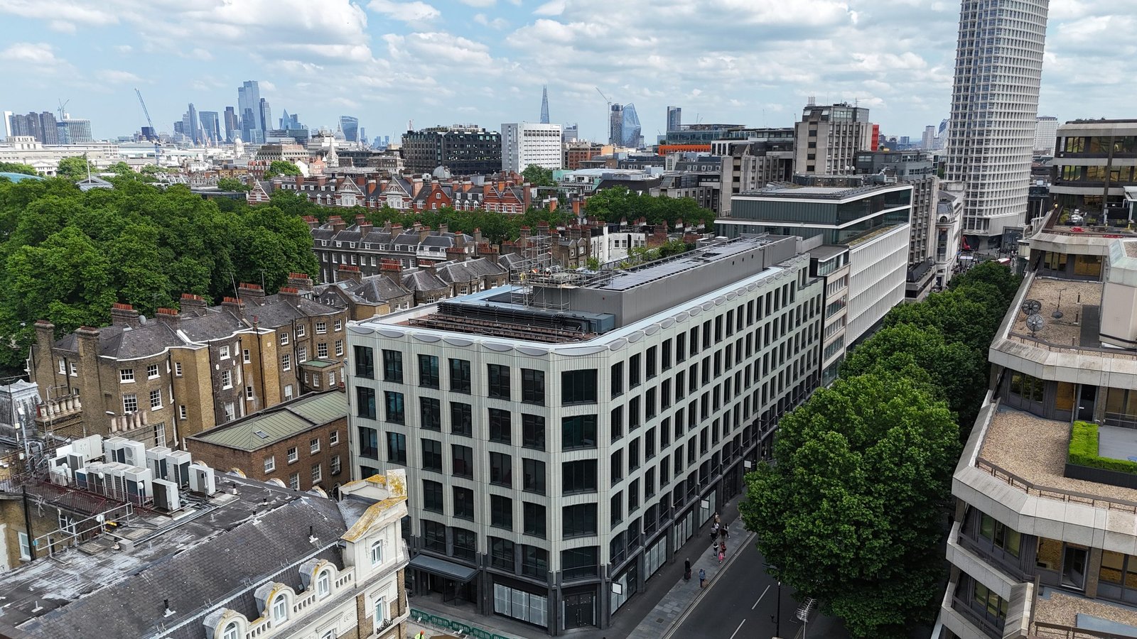 Aerial view of the completed Fitzrovia development near Tottenham Court Road