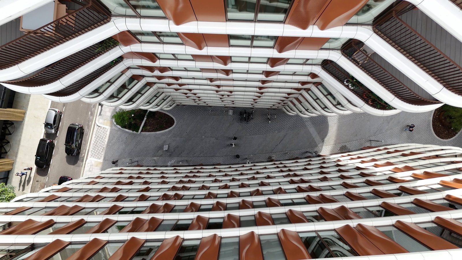 The curved facades and public space viewed from above