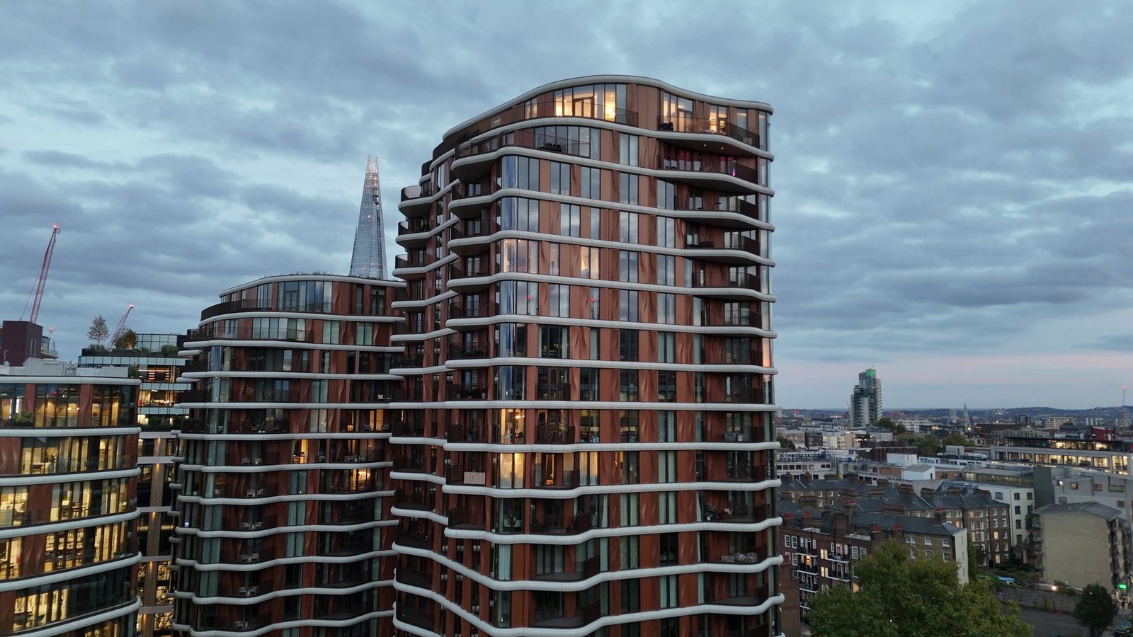 The completed development at twilight
