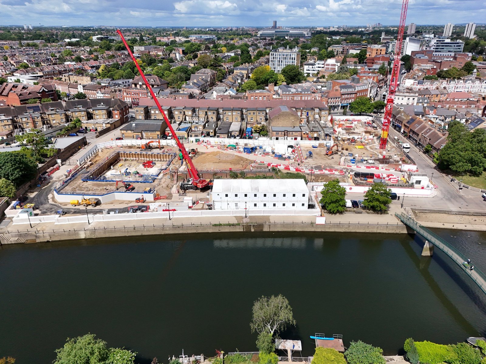 Aerial view of the Twickenham Riverside construction site beside the river