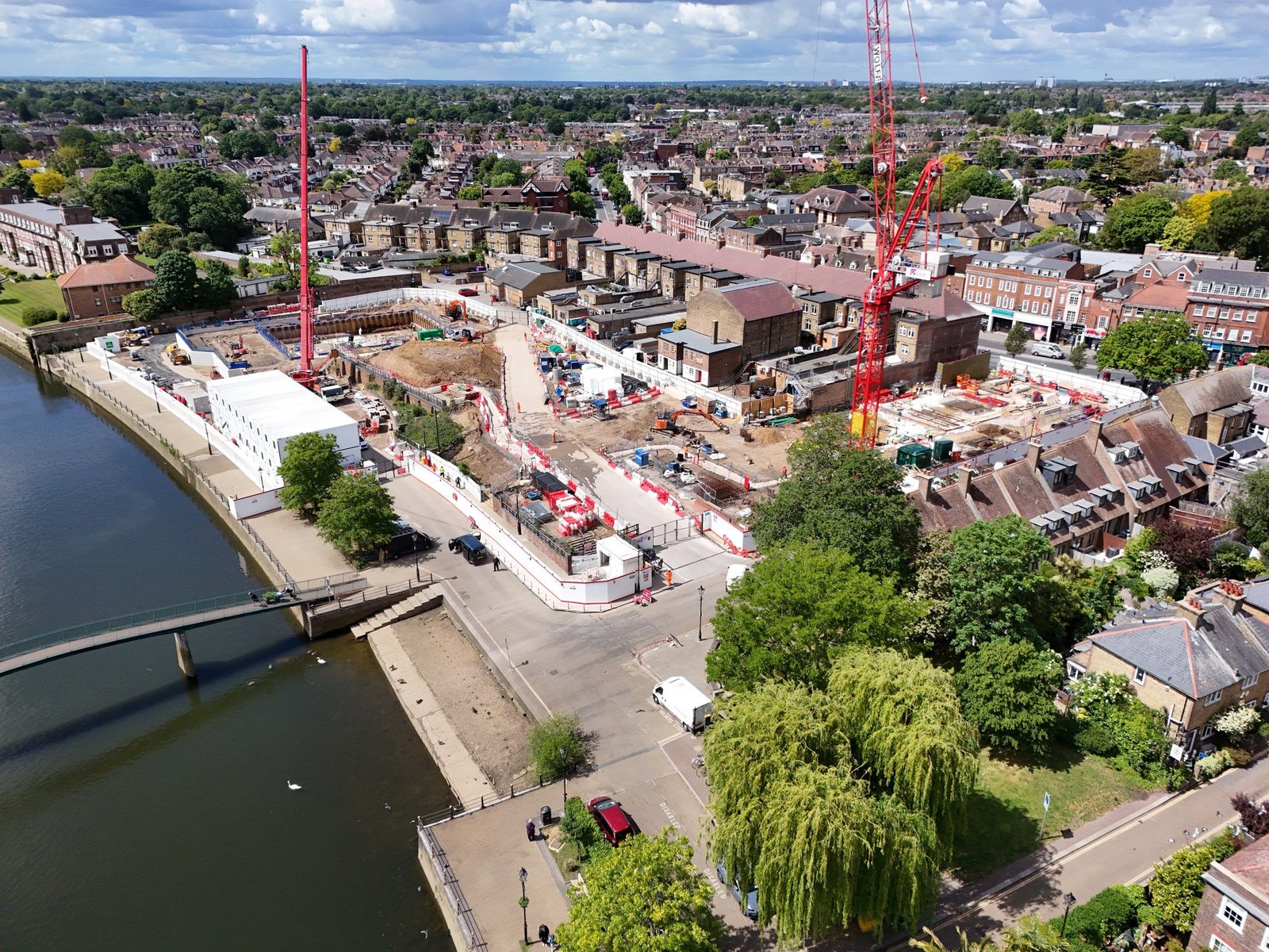 Twickenham Riverside site, cranes and surrounding town-centre streets